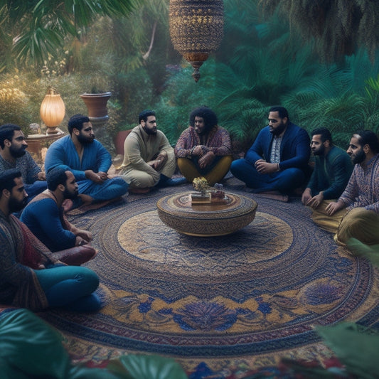 A vibrant illustration of a diverse group of Middle Eastern individuals gathered around a majestic, intricately patterned carpet, surrounded by lush greenery, with warm lighting and gentle, swirling motions.