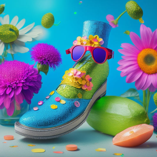 A vibrant illustration of a cucumber wearing a pair of sunglasses and a dance hat, surrounded by colorful summer flowers, confetti, and tiny dance shoes, with a subtle sparkle effect.