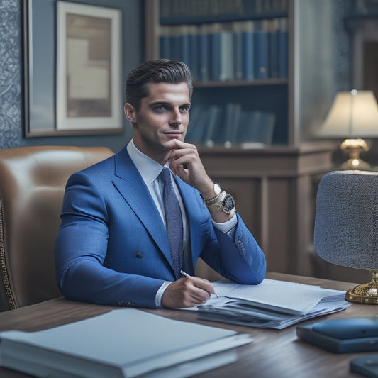 A confident individual, dressed in professional attire, sitting comfortably in a chair, with a subtle smile, surrounded by scattered papers, pens, and a clock in the background, exuding a sense of preparation and confidence.