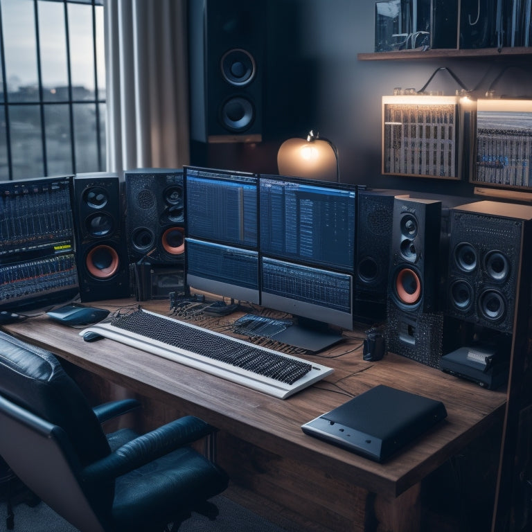 A clutter-free music studio with a computer screen displaying a digital audio workstation, surrounded by neatly organized music sheets, headphones, and a few essential music instruments.