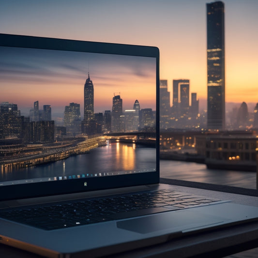 A modern, sleek laptop with a partially designed website on its screen, surrounded by scattered design elements, color swatches, and wireframes, set against a blurred cityscape background at dusk.