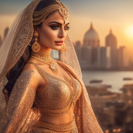 A elegant, mysterious belly dancer in a flowing, beaded costume, surrounded by ornate Middle Eastern-inspired patterns and soft, golden lighting, with a subtle, blurred cityscape in the background.