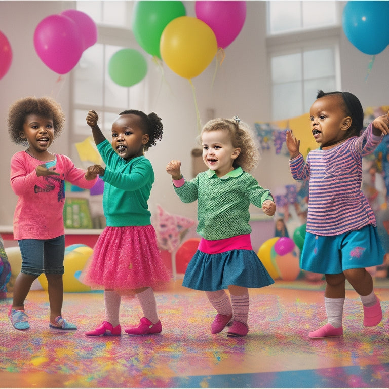 A colorful illustration of a preschool classroom filled with diverse toddlers, each showcasing a different dance skill: twirling, leaping, spinning, and tapping, amidst scattered musical notes and confetti.