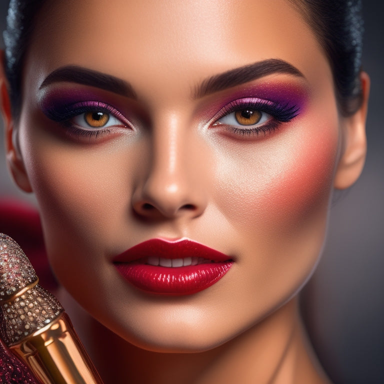 A close-up of a dancer's face, spotlight shining bright, with a flawless, glamorous makeup look featuring bold, smoky eyes, rosy cheeks, and a bold, red lip, surrounded by makeup brushes and products.