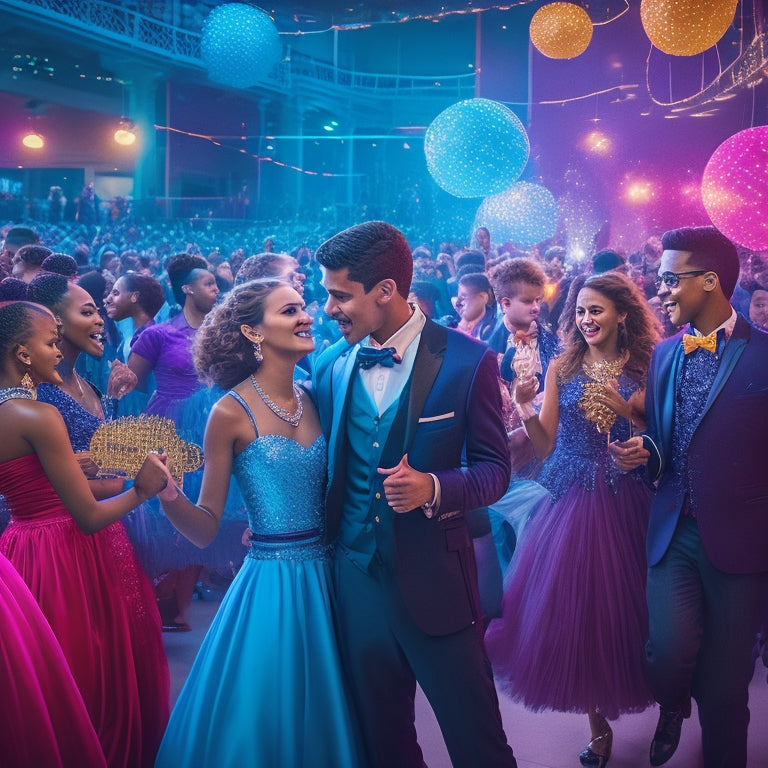 A vibrant illustration of a crowded school gymnasium: twinkling string lights, balloons in school colors, and joyful teenagers in formal attire dancing the night away surrounded by lively band musicians.