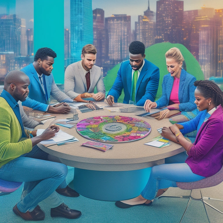 A colorful illustration of a diverse group of people from different age groups and ethnicities gathered around a large, circular table, surrounded by laptops, notepads, and colorful sticky notes, with a cityscape or park background.