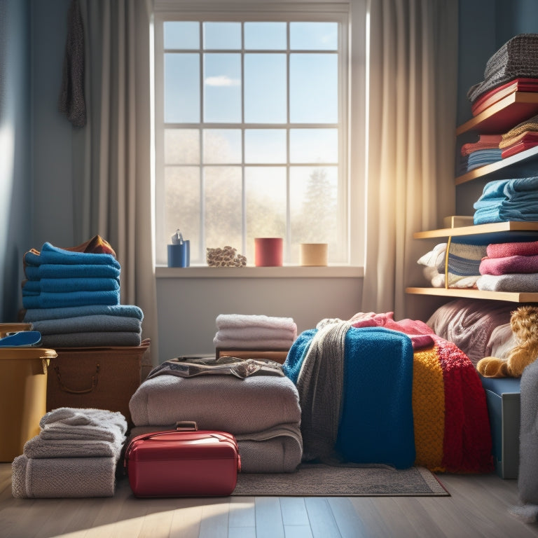 A serene, organized room showcasing colorful vacuum storage boxes neatly stacked, with clothes and blankets visibly compressed inside. Sunlight streams through a window, illuminating a tidy space free of clutter.