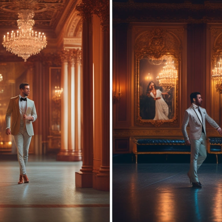 A split-screen image: a person in formal attire standing in front of a lavish ballroom, and the same person wearing distressed jeans and a crisp white shirt in front of a dimly lit dance floor.