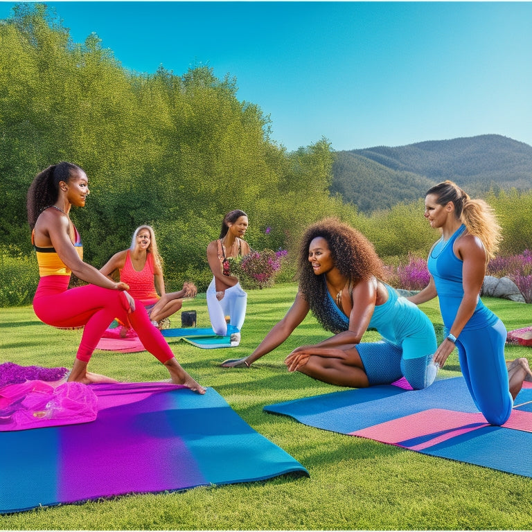 A vibrant outdoor scene featuring a diverse group of people engaging in eco-friendly workouts. Highlight sustainable yoga mats, bamboo water bottles, and recycled leggings amidst lush greenery and blooming wildflowers under a clear blue sky.