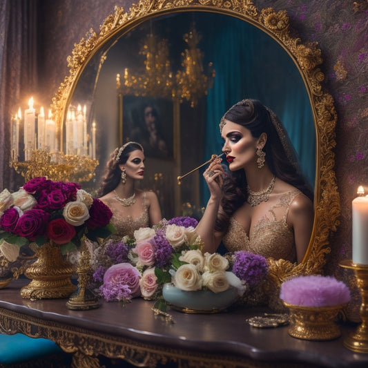 A luxurious, velvet-draped boudoir with a stunning bride sitting at a ornate, gold-leaf vanity, surrounded by candelabras, flowers, and makeup brushes, gazing into a antique, oval-shaped mirror.