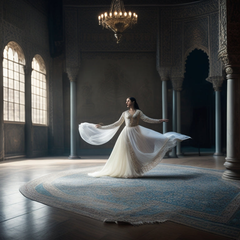 A serene, dimly lit studio with a warm beige floor and richly patterned Middle Eastern-inspired tapestries adorning the walls, featuring a lone dancer in a flowing white and turquoise costume, poised mid-movement.