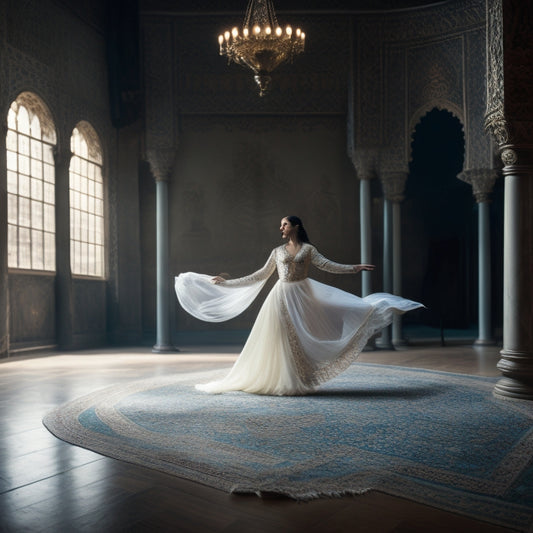A serene, dimly lit studio with a warm beige floor and richly patterned Middle Eastern-inspired tapestries adorning the walls, featuring a lone dancer in a flowing white and turquoise costume, poised mid-movement.