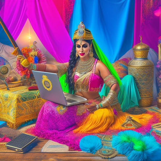 A colorful illustration featuring a belly dancer surrounded by various props, including a sword, veil, finger cymbals, and skirt, with a subtle Mac laptop and tools in the background, blending technology and art.