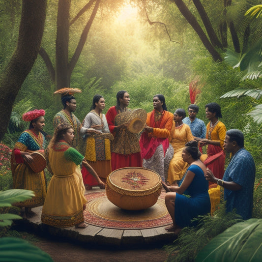 A vibrant, warm illustration of diverse people from various cultural backgrounds gathered in a circle, dancing and playing traditional instruments amidst lush greenery and ancestral symbols.