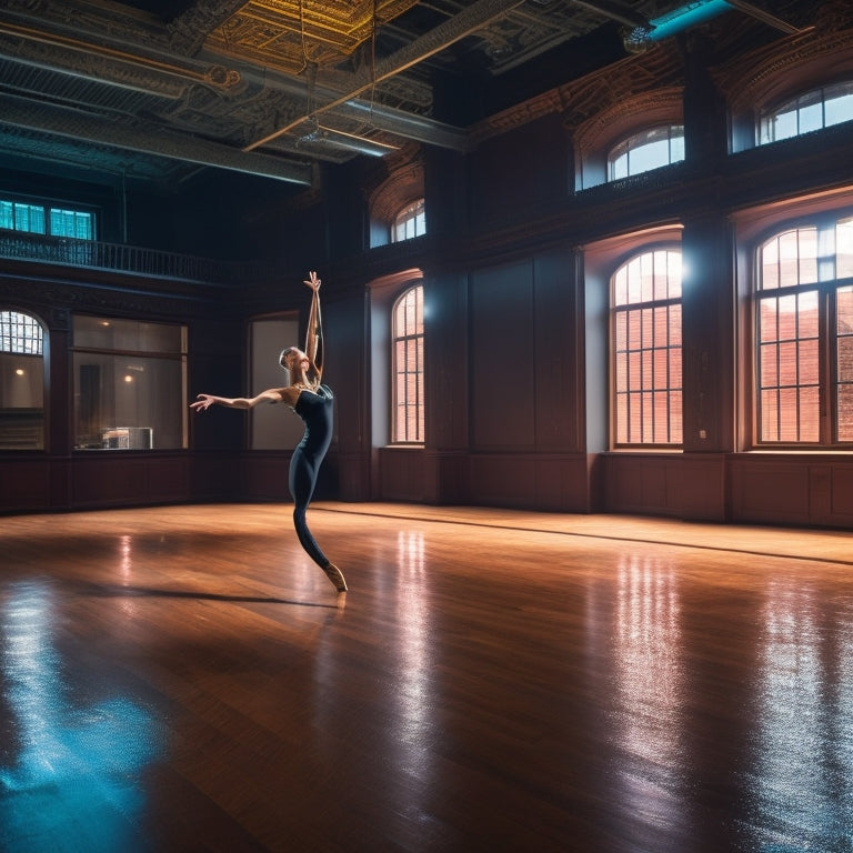 A majestic dance studio with a spotlight shining down, surrounded by dark wooden floors and mirrored walls, with a lone dancer, David, frozen in mid-pose, wearing a sleek black leotard.