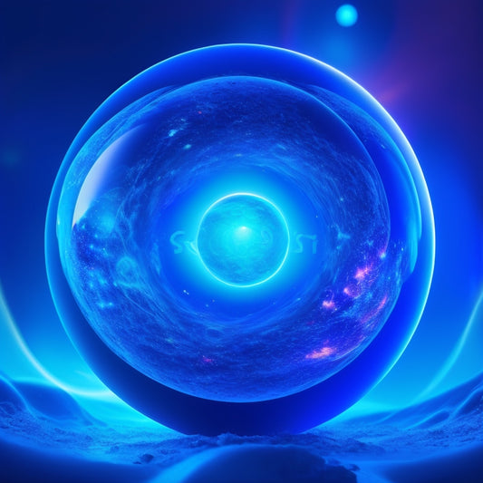 A futuristic, glowing blue orb surrounded by swirling, neon-lit DNA double helices, orbiting planets, and bursting starbursts, set against a dark, gradient blue background with subtle, shimmering particles.