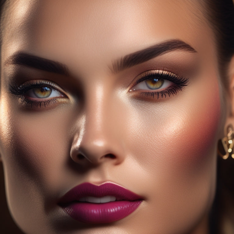 A close-up of a glamorous, flawless face with intricate eye makeup, bold lips, and subtle contouring, set against a dark, velvety background with golden spotlights shining down.