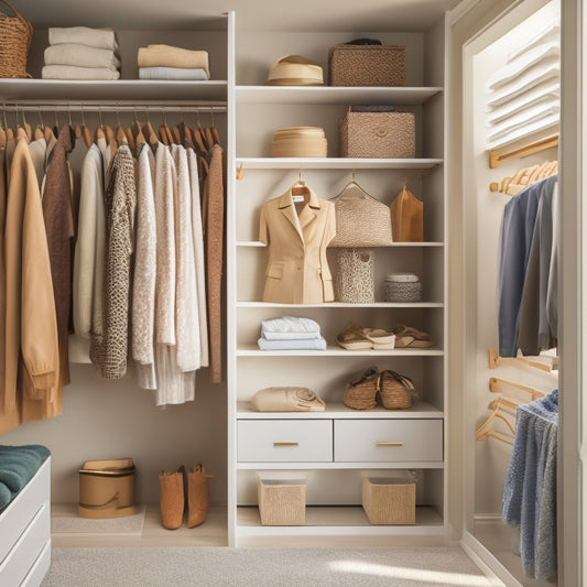 A spacious, organized closet featuring sleek, modern clothing storage racks filled with neatly folded clothes, hanging garments, and stylish accessories, all bathed in soft, natural light, creating a serene and clutter-free atmosphere.