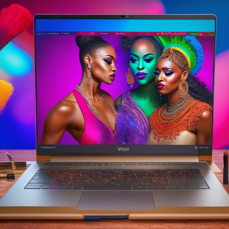 A colorful illustration of a laptop screen displaying a virtual dance studio with diverse dancers in various makeup looks, surrounded by makeup brushes, mirrors, and dance shoes.