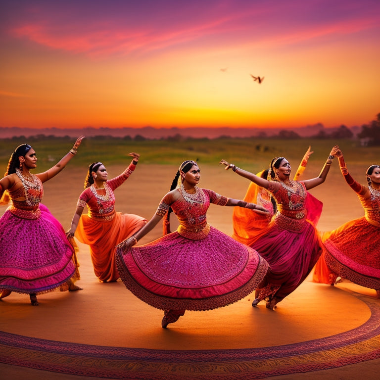 A vibrant, swirling vortex of dancers in various Bharatanatyam poses, set against a warm, gradient background of Indian sunset hues, with intricate henna patterns and musical notes swirling around them.
