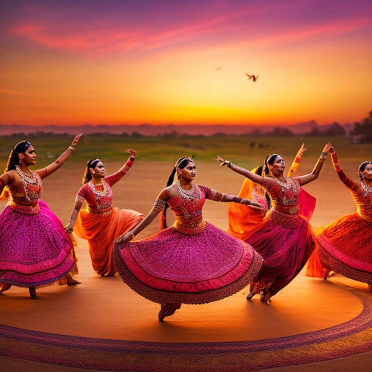 A vibrant, swirling vortex of dancers in various Bharatanatyam poses, set against a warm, gradient background of Indian sunset hues, with intricate henna patterns and musical notes swirling around them.