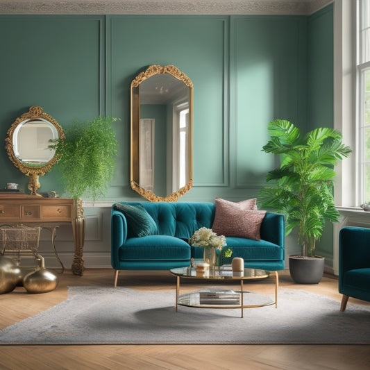 A spacious living room featuring a large, ornate decorative mirror reflecting natural light, vibrant greenery, and minimalist furniture, creating an illusion of depth and openness in a cozy, stylish environment.