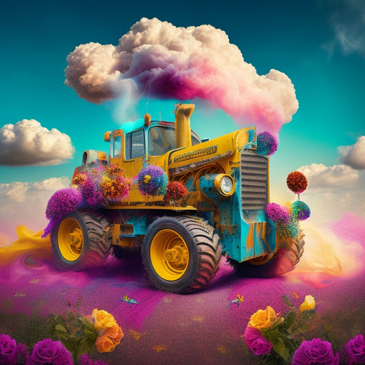 A psychedelic illustration of a 1960s-era bulldozer, adorned with flowers and peace signs, emerging from a torn American flag, surrounded by swirling clouds of colorful smoke and abstract patterns.