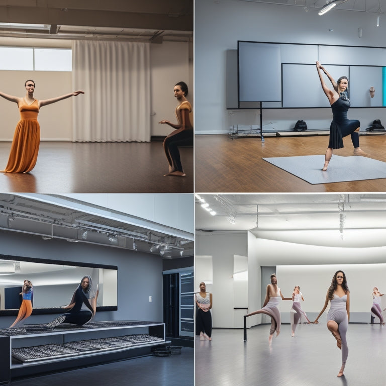 A modern dance studio with mirrors and ballet bars, surrounded by laptops and tablets displaying schedules, student profiles, and financial reports, with a subtle background of dance-inspired shapes and colors.