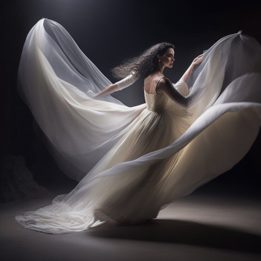 A serene, dimly lit studio with a lone dancer in the center, surrounded by swirling fabrics and scarves, her arms raised in a graceful, flowing motion, with a subtle, shimmering aura.