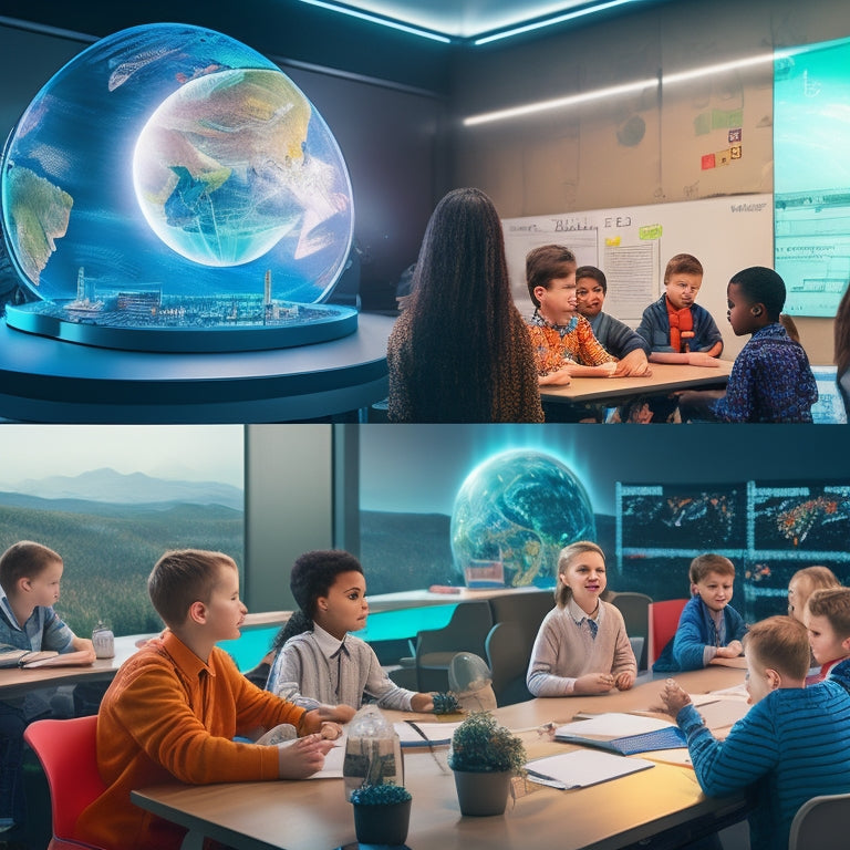 A futuristic classroom with interactive holographic projections, robots assisting students, and a large, circular smartboard displaying AI-driven educational content, surrounded by diverse, engaged students of various ages.