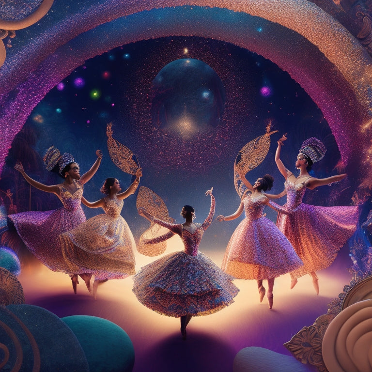 A whimsical illustration featuring a group of diverse dancers, each surrounded by vibrant, swirling patterns and shapes, blending into a fantastical, dreamlike background with soft, glowing lights.