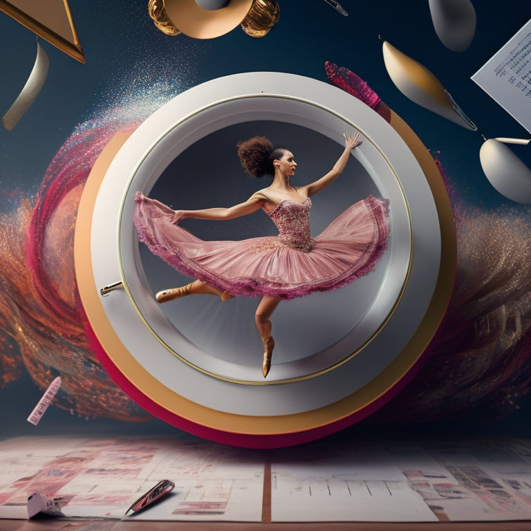 A stylized illustration of a dancer in motion, surrounded by swirling papers and pens, with a subtle background of a calendar or planner, conveying organization and efficiency.