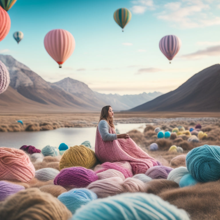 A serene landscape with a woman in the distance, gently swaying to an unheard melody, surrounded by floating, colorful yarn balls and a half-knitted, pastel-hued blanket drifting in the air.