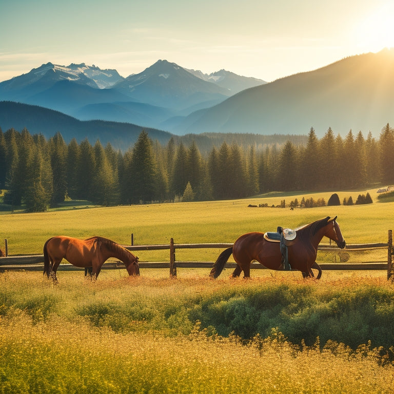 A serene, sun-drenched landscape of rolling hills, verdant pastures, and rustic wooden fences, featuring majestic horses grazing and riders in elegant attire, amidst a backdrop of majestic Olympic Mountains.