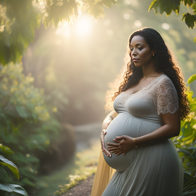 A serene, softly lit maternity portrait of a pregnant woman, gazing downward, cradling her belly with both hands, surrounded by warm, golden natural light and lush greenery.