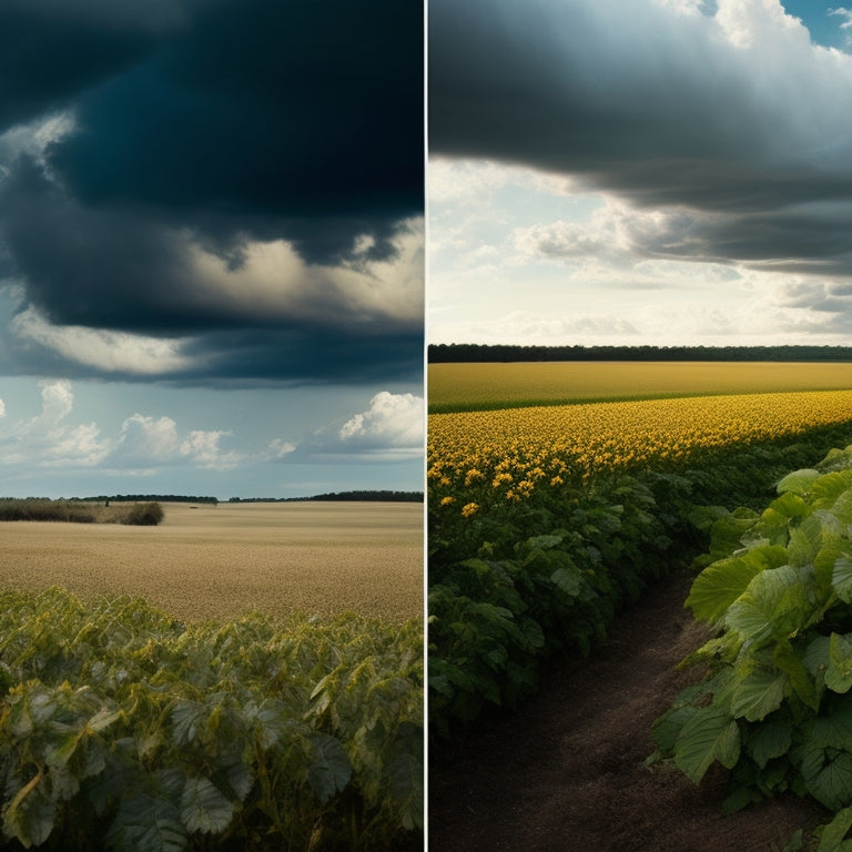 A split-screen image featuring a withered, brown crop on the left, set against a dark, stormy sky, and a lush, green crop on the right, under a bright, sunny sky with a few puffy clouds.