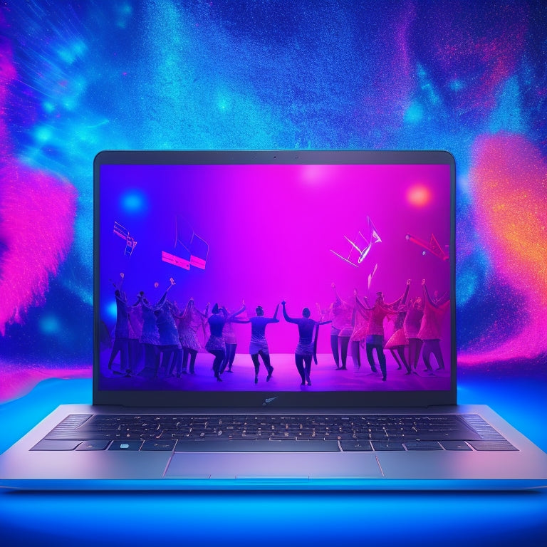 A vibrant illustration of a laptop open to a scheduling calendar, surrounded by dancing silhouettes and swirling music notes, set against a bright, gradient blue background with subtle sparkle effects.