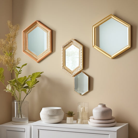 A collection of elegant wall mirrors in various shapes—round, hexagonal, and vintage frames—hanging on a textured, light-colored wall. Soft natural light reflects off the mirrors, enhancing a chic, modern decor ambiance.
