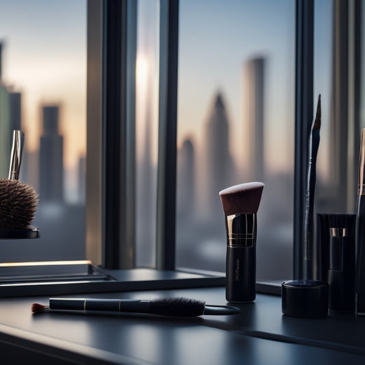 A close-up shot of a makeup brush lying on a sleek, black vanity, surrounded by various makeup products and tools, with a blurred-out cityscape or office building in the background.
