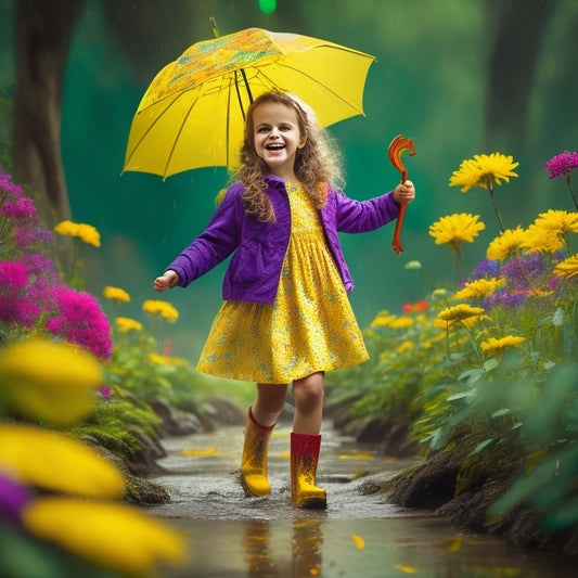 A whimsical illustration featuring a joyful child, twirling and dancing in a puddle-filled forest, surrounded by vibrant flowers and leaves, with colorful rain boots and a bright yellow umbrella.