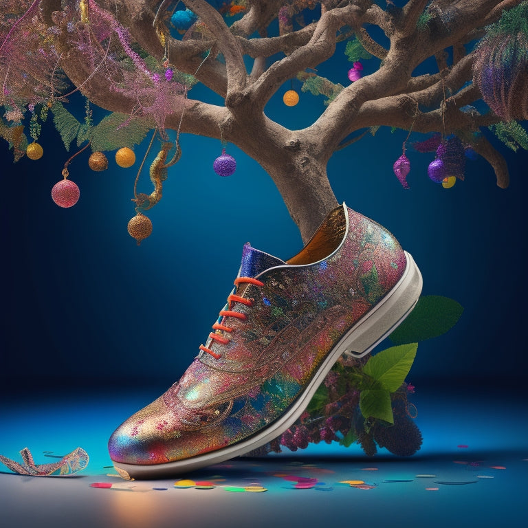 A vibrant, swirling mind map with colorful, curved branches radiating from a central dance-inspired hub, featuring eclectic dance shoes, musical notes, and festive confetti bursts.