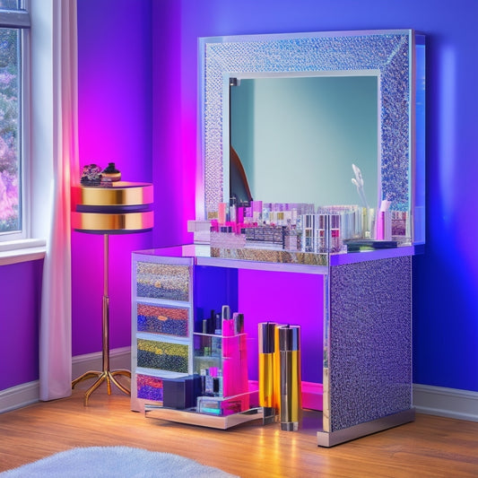 A vibrant, clutter-free makeup station with a silver mirrored vanity, surrounded by an assortment of high-end digital dance makeup products, including shimmering eyeshadows, bold lip colors, and glittering highlighters.