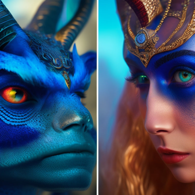 A split-screen image featuring a before-and-after comparison: a plain-faced model versus the same model transformed into a fantastical creature with vibrant, digitally painted scales, horns, and glowing eyes.