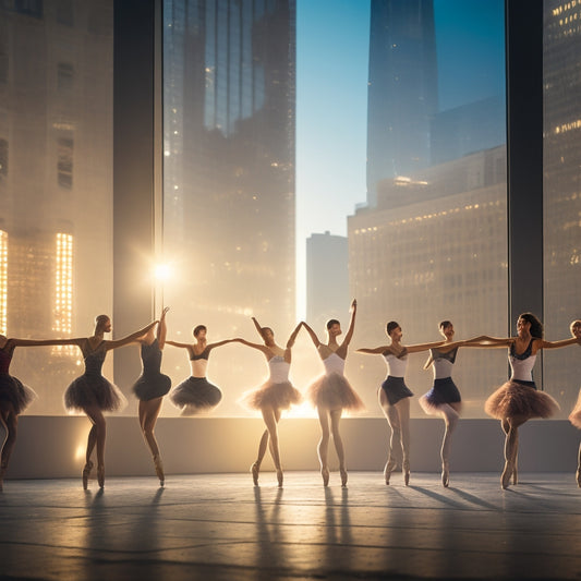 A spotlight shines down on a stage, casting a warm glow on a group of young dancers in various poses, surrounded by mirrors, barres, and dance studio props, with a cityscape blurred in the background.