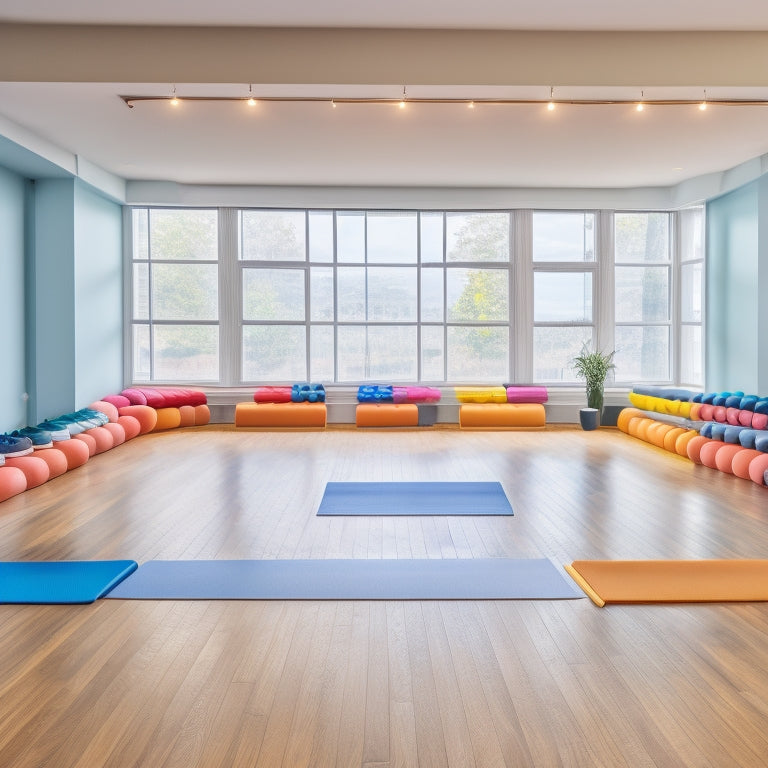 A bright, spacious dance studio with polished wooden floors, mirrored walls, and soft, natural lighting. Essential props like yoga mats, foam rollers, and water bottles neatly arranged. Colorful dance shoes lined up in an organized corner.