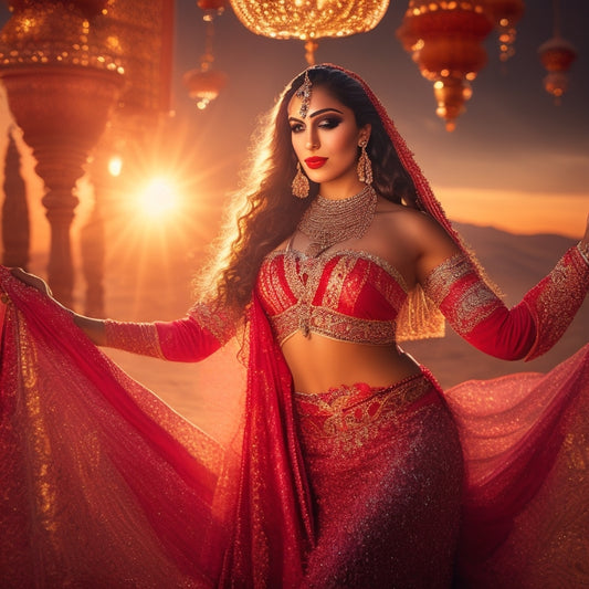 A mesmerizing belly dancer in a flowing, crimson veil, surrounded by golden lanterns, with intricate Arabic patterns and lush fabrics, set against a warm, sunset-inspired background with subtle shadows.