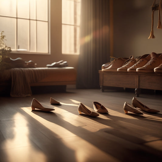 A dreamy, soft-focus illustration of a ballet studio: warm golden light, gentle shadows, and delicate ballet shoes scattered on a wooden floor, surrounded by faint sketches of dancers in motion.