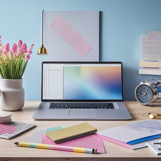 A serene background with a laptop and a calendar beside it, with a clock in the top-right corner, surrounded by scattered colorful sticky notes and a few pens, with a subtle gradient of calming colors.