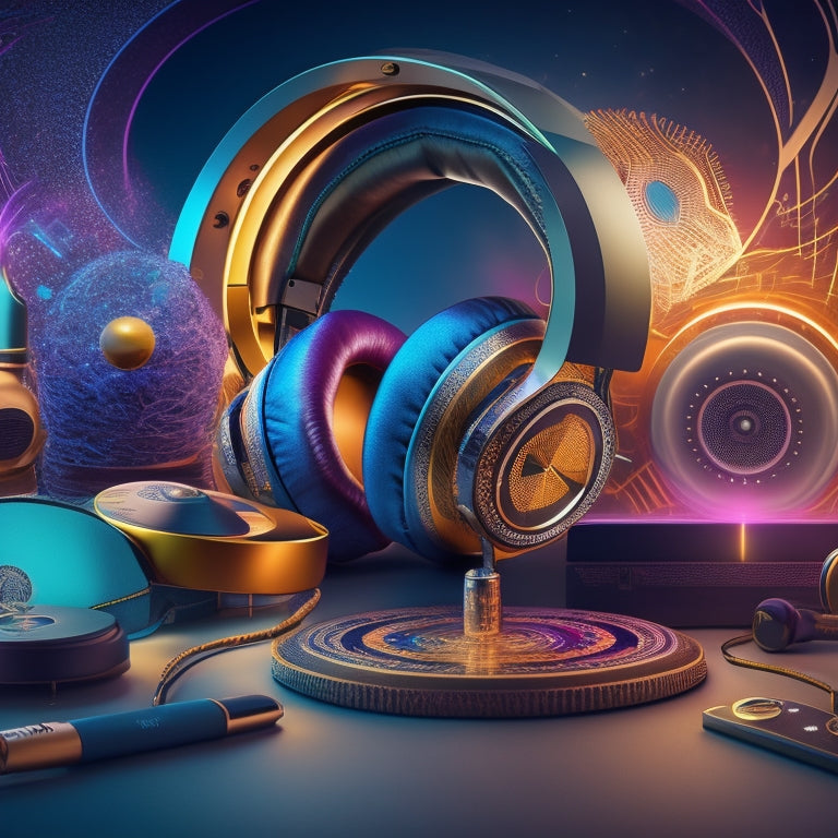 An abstract illustration featuring a stylized, glowing audio waveform as the centerpiece, surrounded by a kaleidoscope of musical instruments, headphones, and diverse cultural symbols.