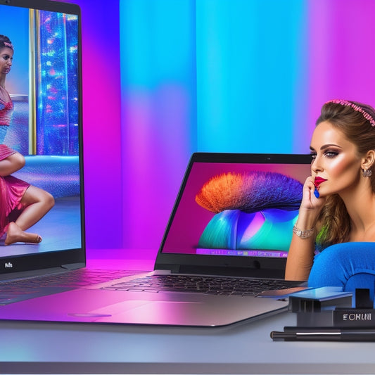 A vibrant, colorful illustration of a young woman in front of a laptop, surrounded by makeup brushes and dance shoes, with a split-screen display of a dance tutorial on the laptop.